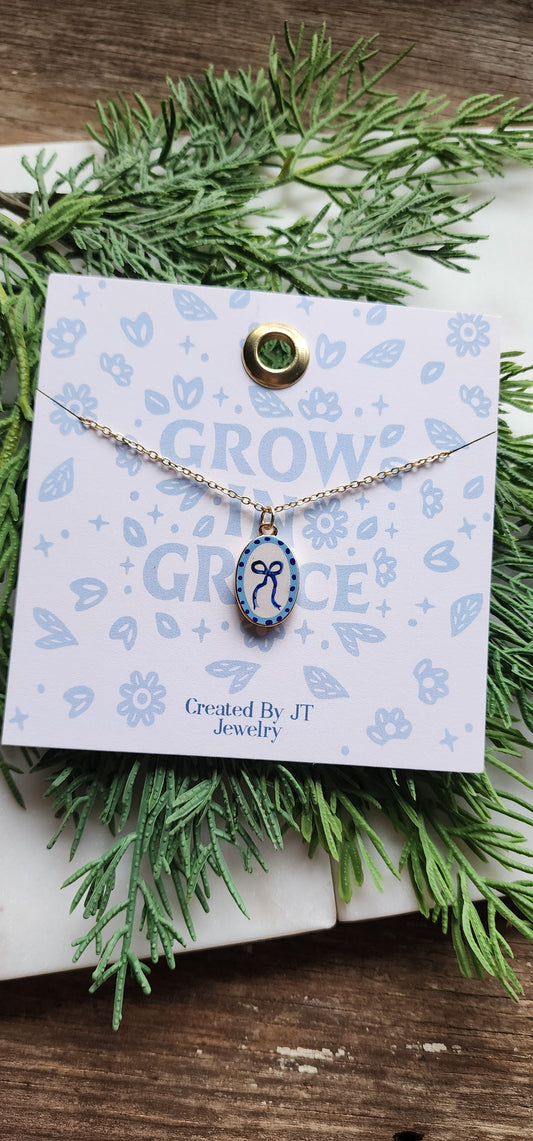 Gold Plated Enamel, Cottage Core Bow Necklace