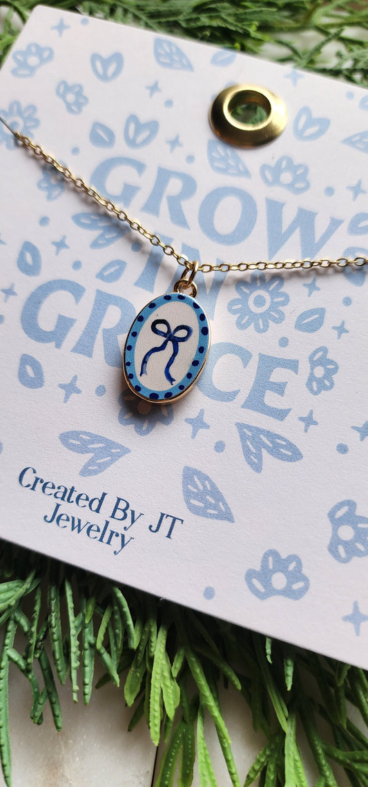 Gold Plated Enamel, Cottage Core Bow Necklace