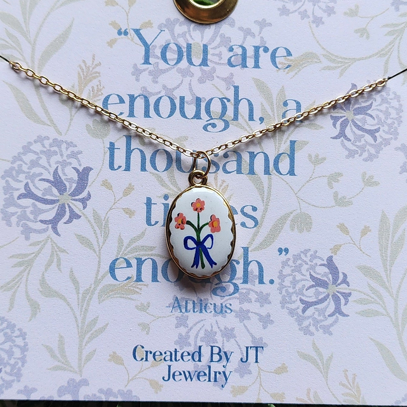 Gold Plated Enamel Flower Oval Pendant Necklace