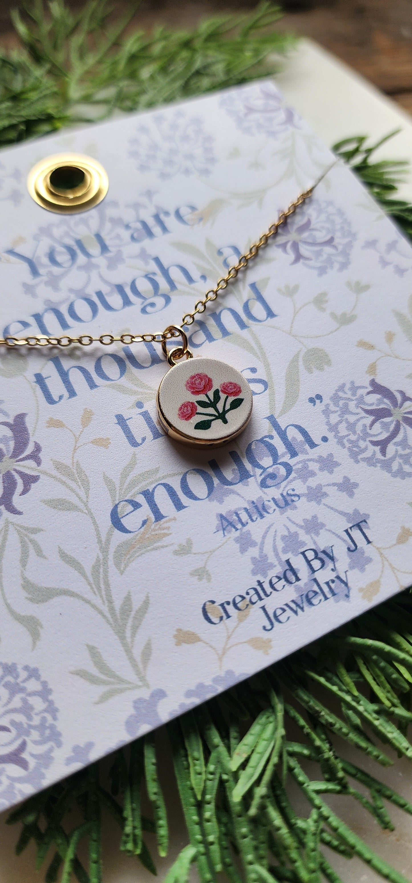 Gold Plated Enamel, Flower Circle Pendant Necklace