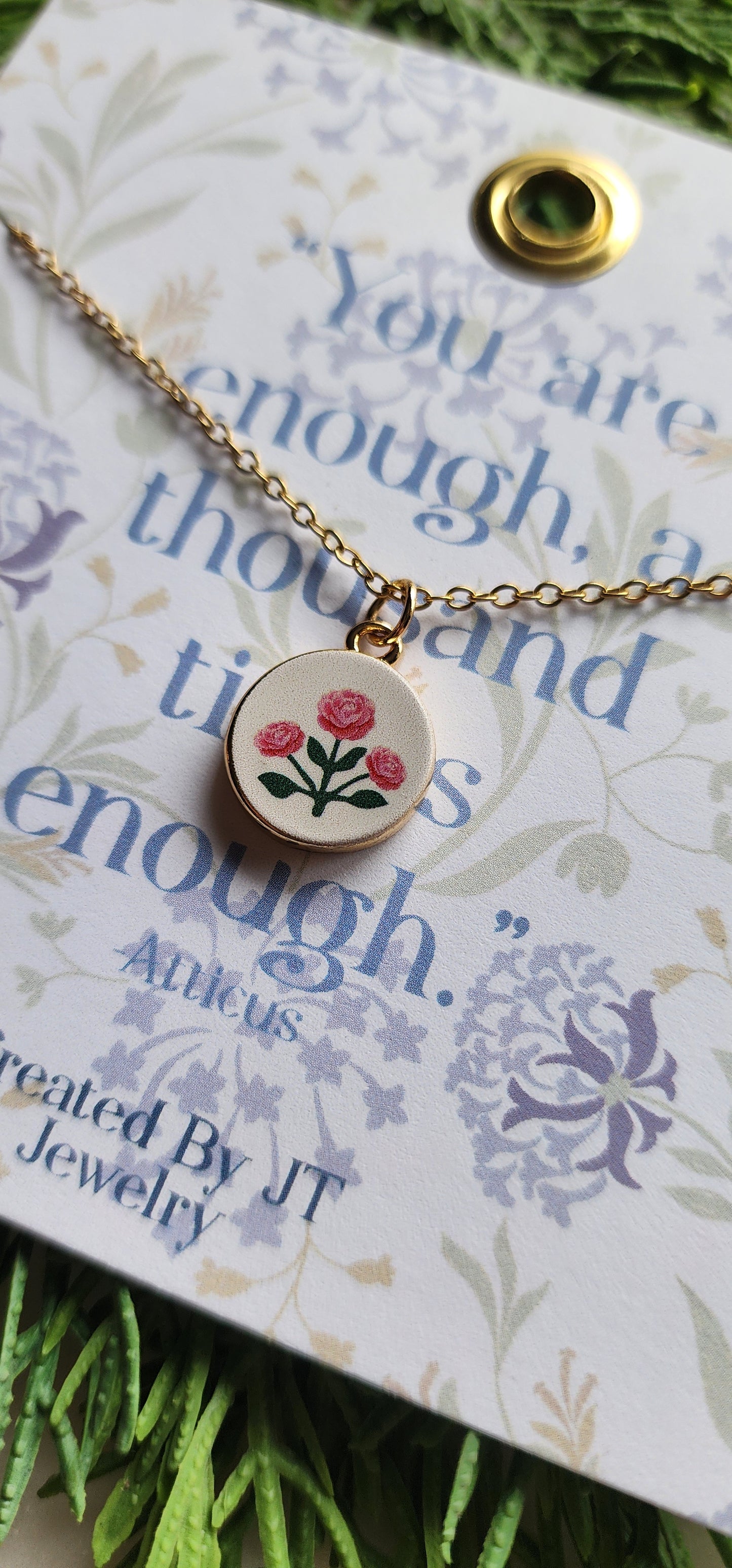 Gold Plated Enamel, Flower Circle Pendant Necklace
