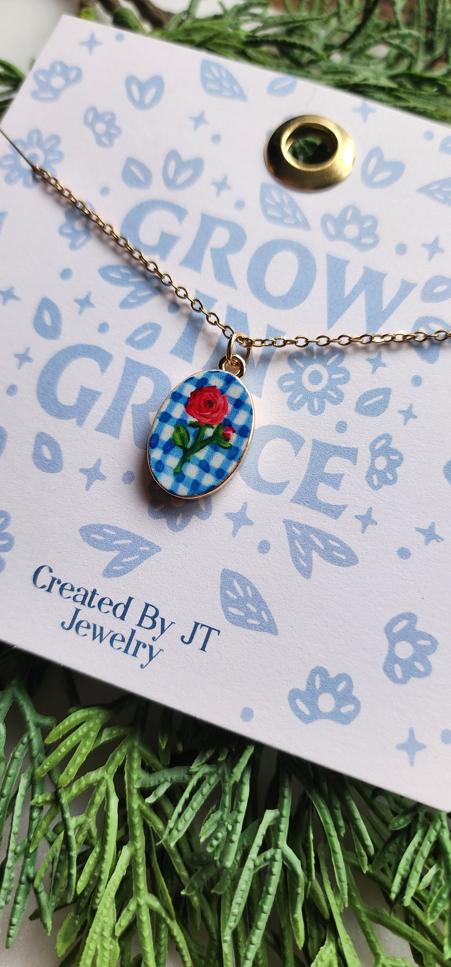 Enamel Gold Plated Rose Flower Pendant Necklace