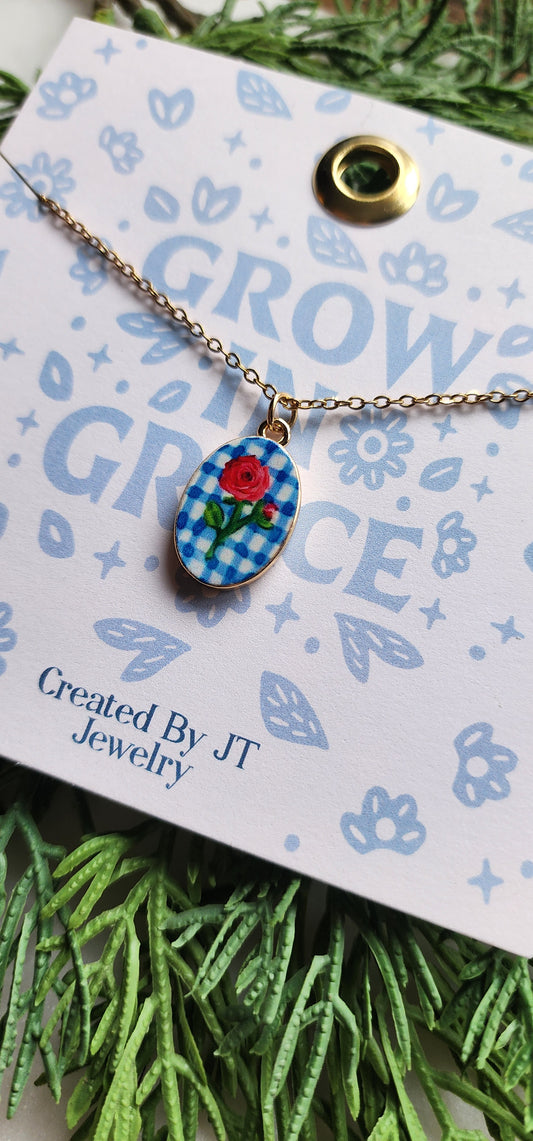 Enamel Gold Plated Rose Flower Pendant Necklace