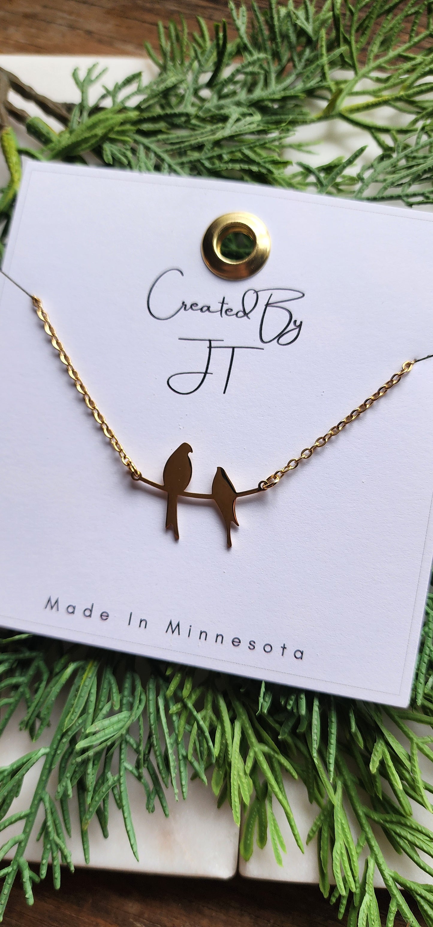 Gold Plated Stainless Steel Two Birds On A Branch Necklace