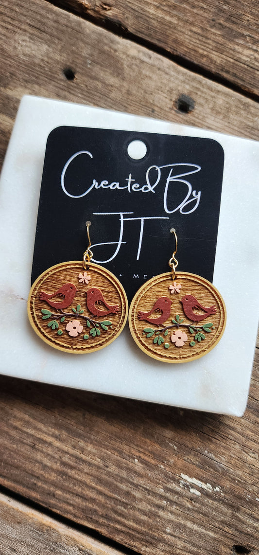 Folk Art Wooden Bird Earrings, Lightweight Earrings