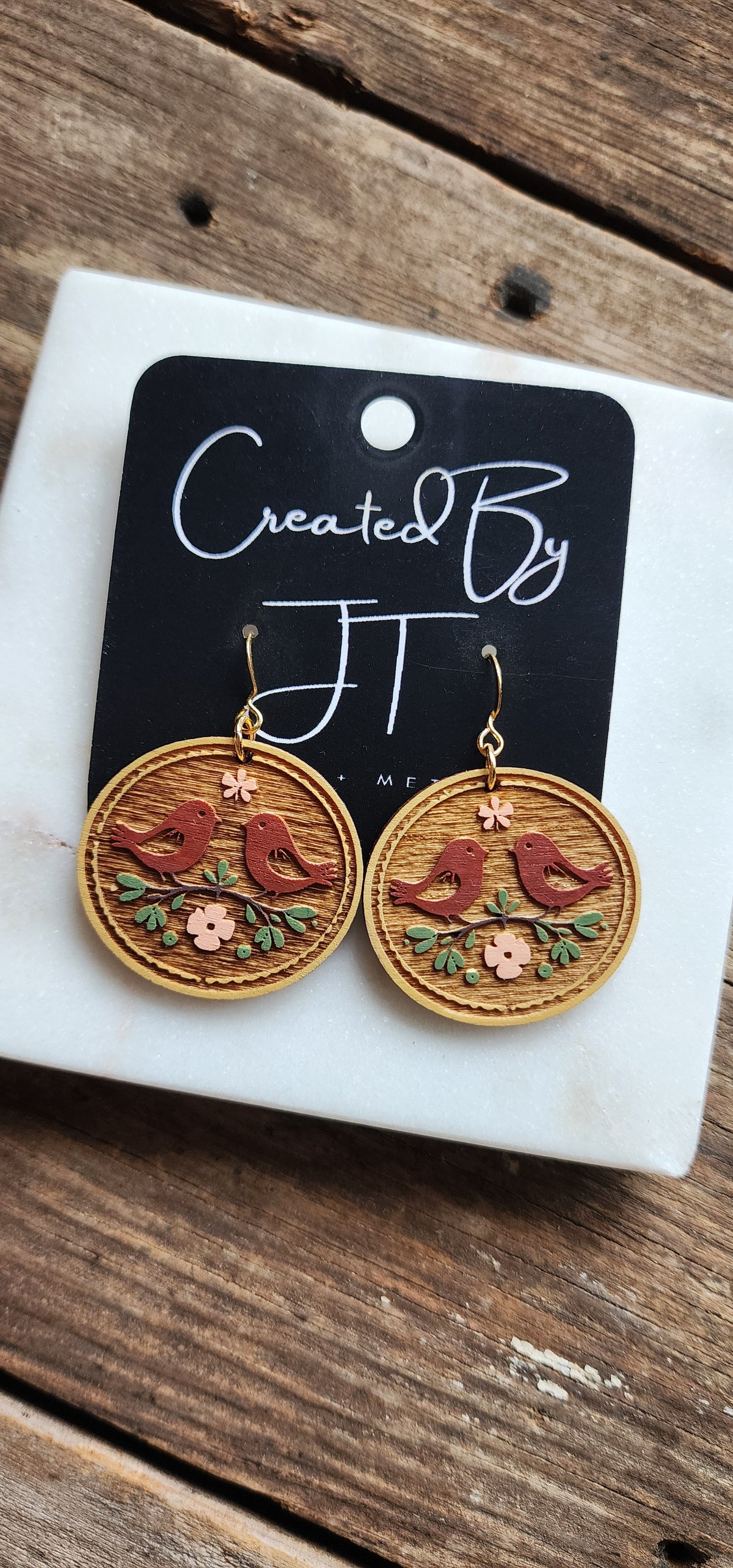 Folk Art Wooden Bird Earrings, Lightweight Earrings