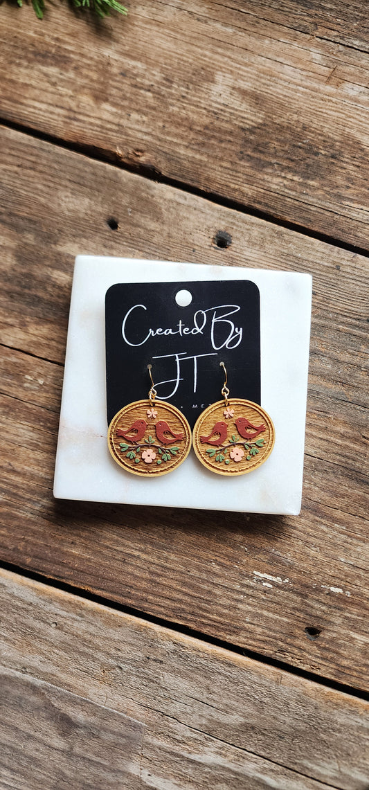 Folk Art Wooden Bird Earrings, Lightweight Earrings