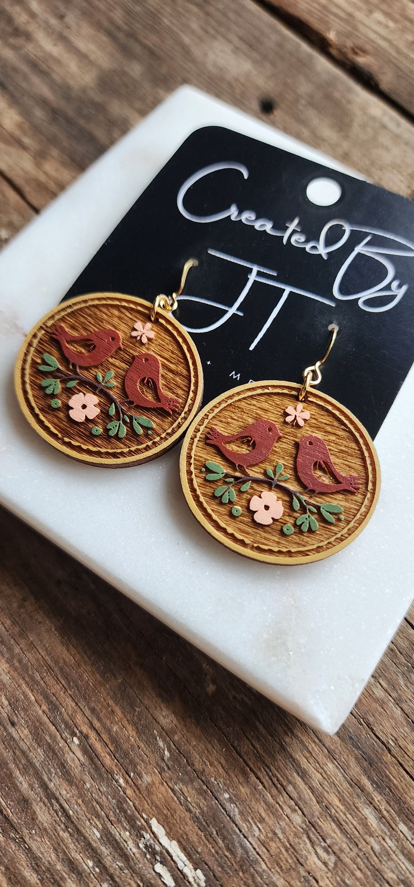 Folk Art Wooden Bird Earrings, Lightweight Earrings