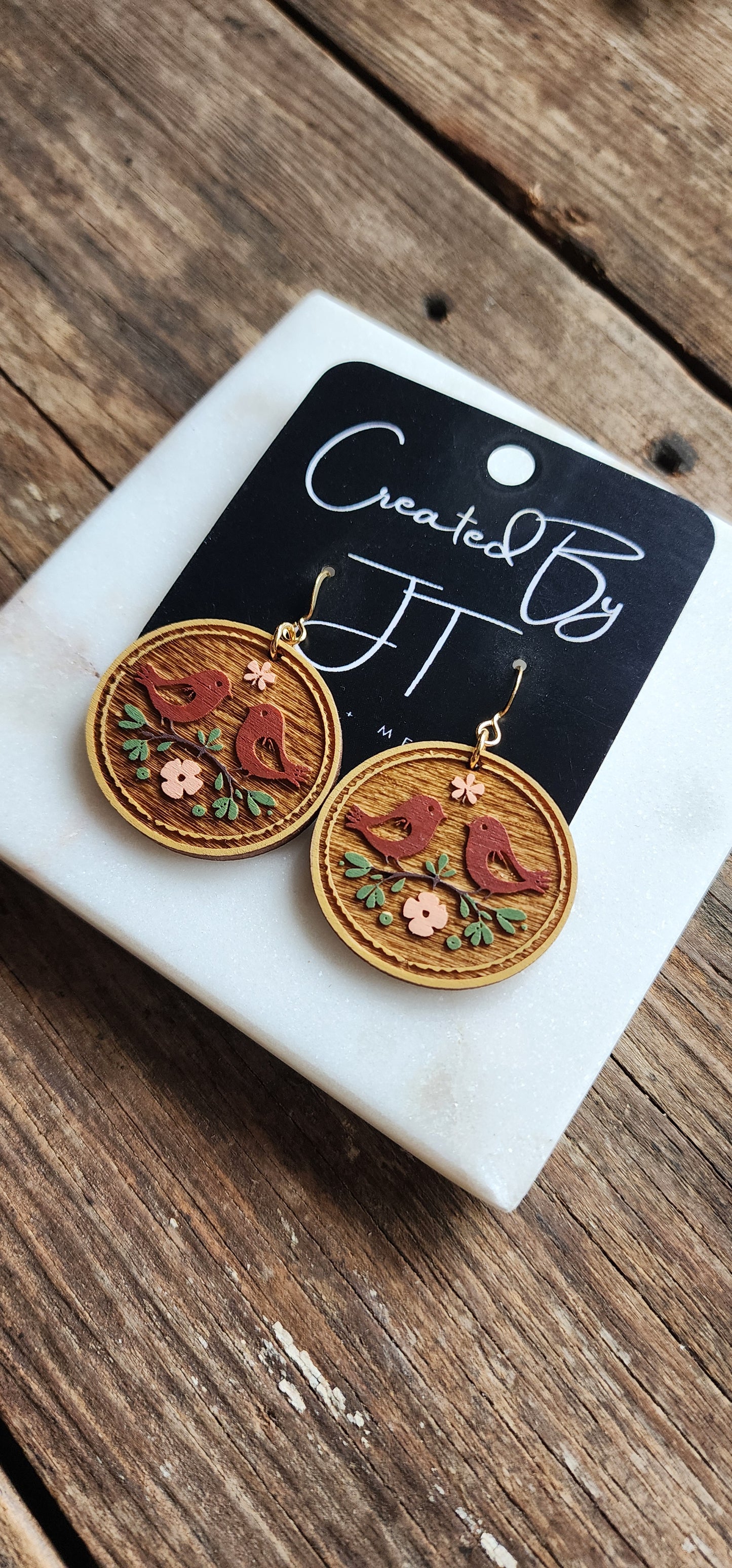 Folk Art Wooden Bird Earrings, Lightweight Earrings