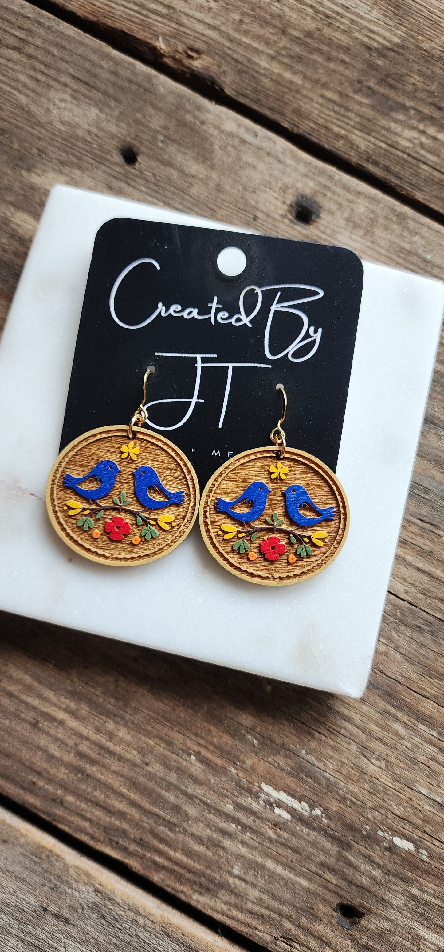 Folk Art Wooden Bird Earrings, Lightweight Earrings