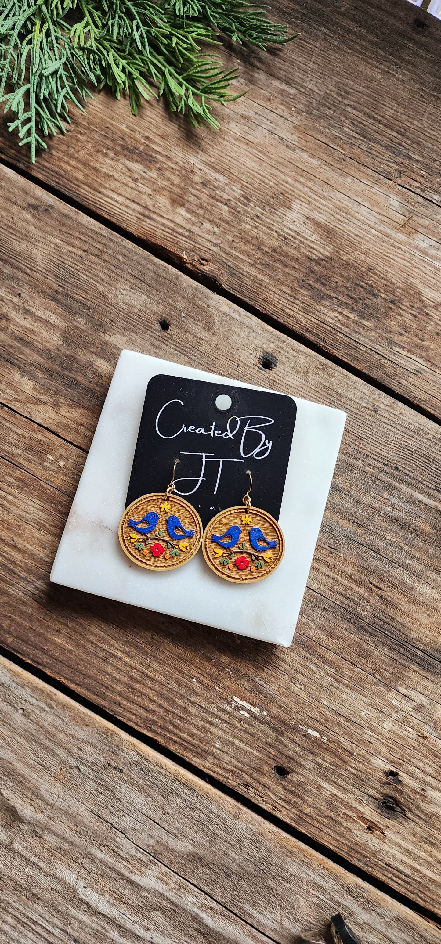 Folk Art Wooden Bird Earrings, Lightweight Earrings