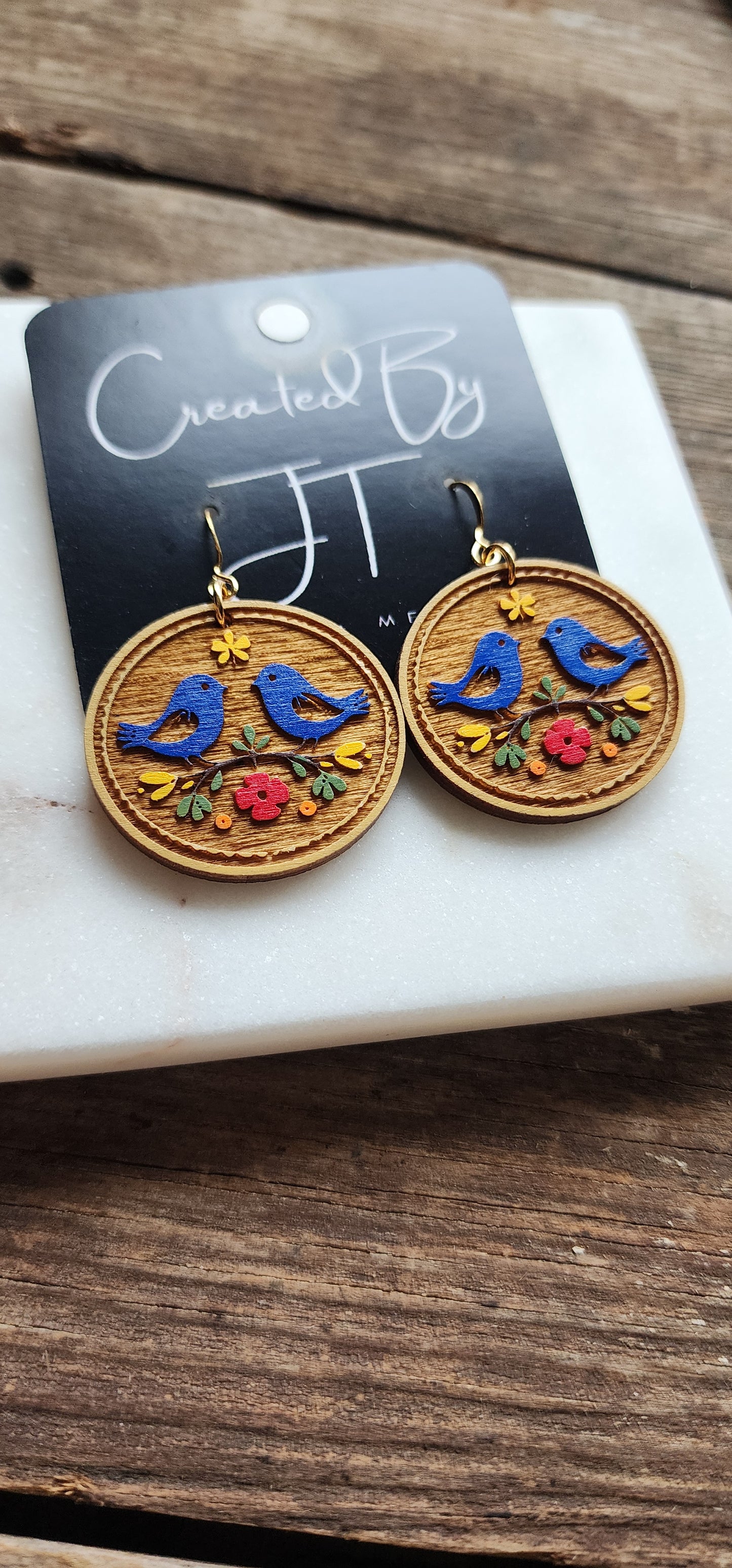 Folk Art Wooden Bird Earrings, Lightweight Earrings