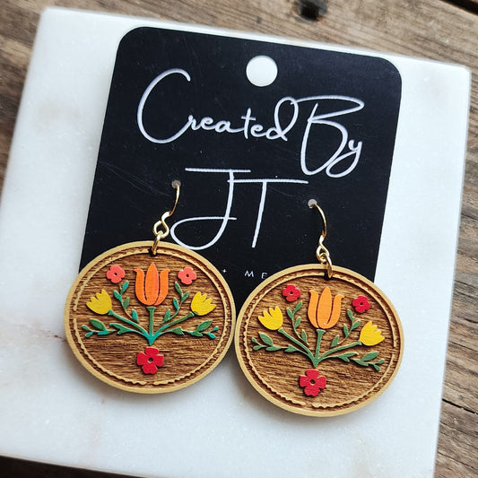 Tulip Folk Art, Wooden Earrings