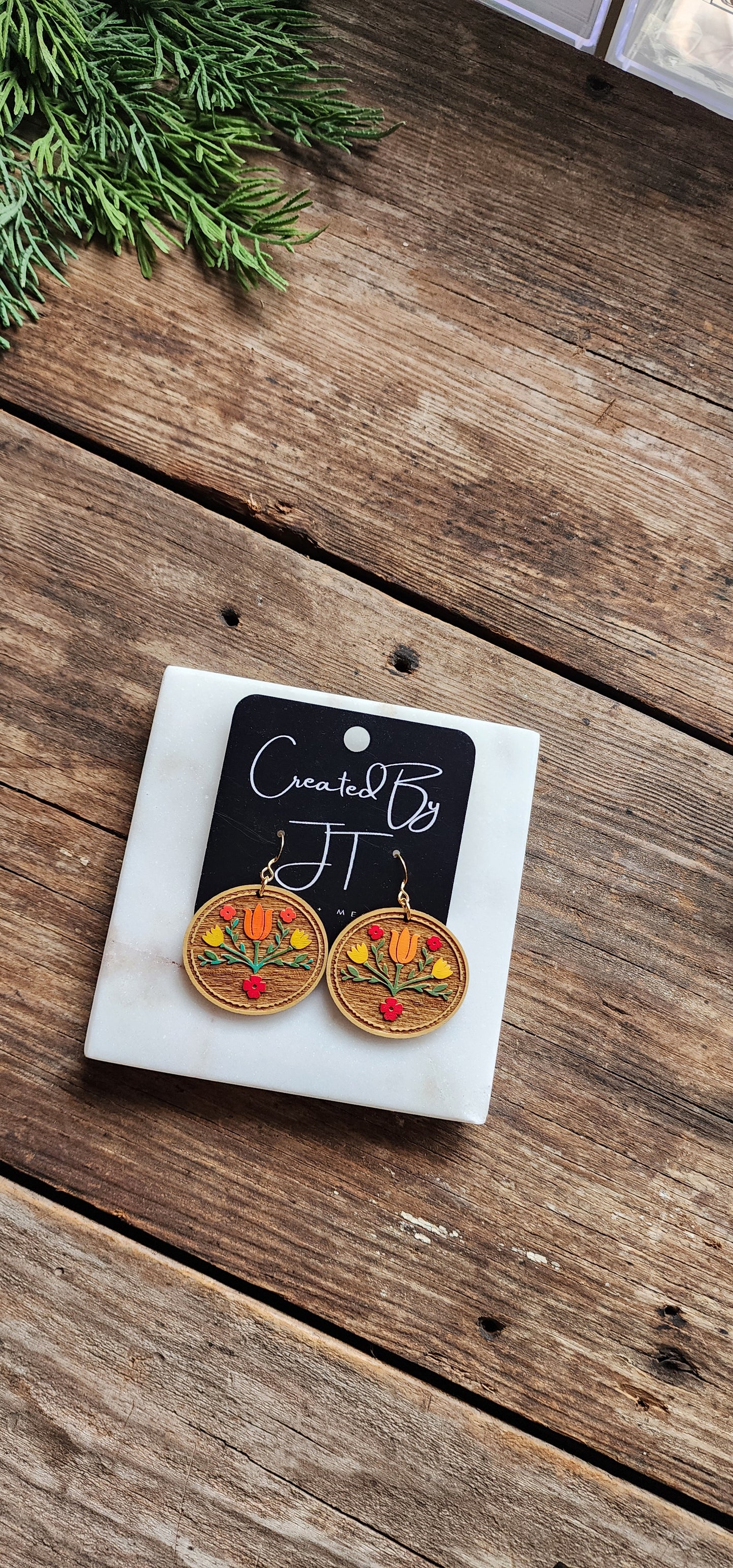 Tulip Folk Art, Wooden Earrings