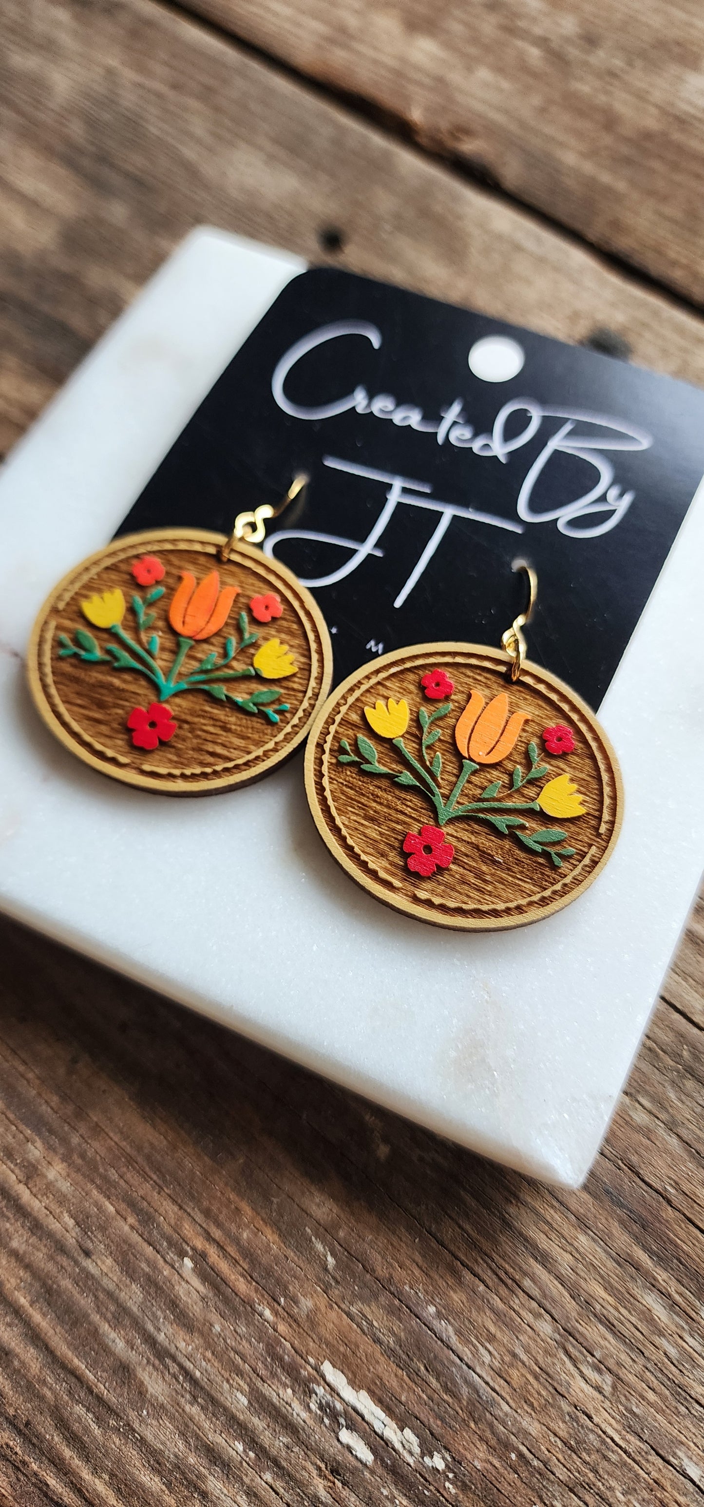 Tulip Folk Art, Wooden Earrings