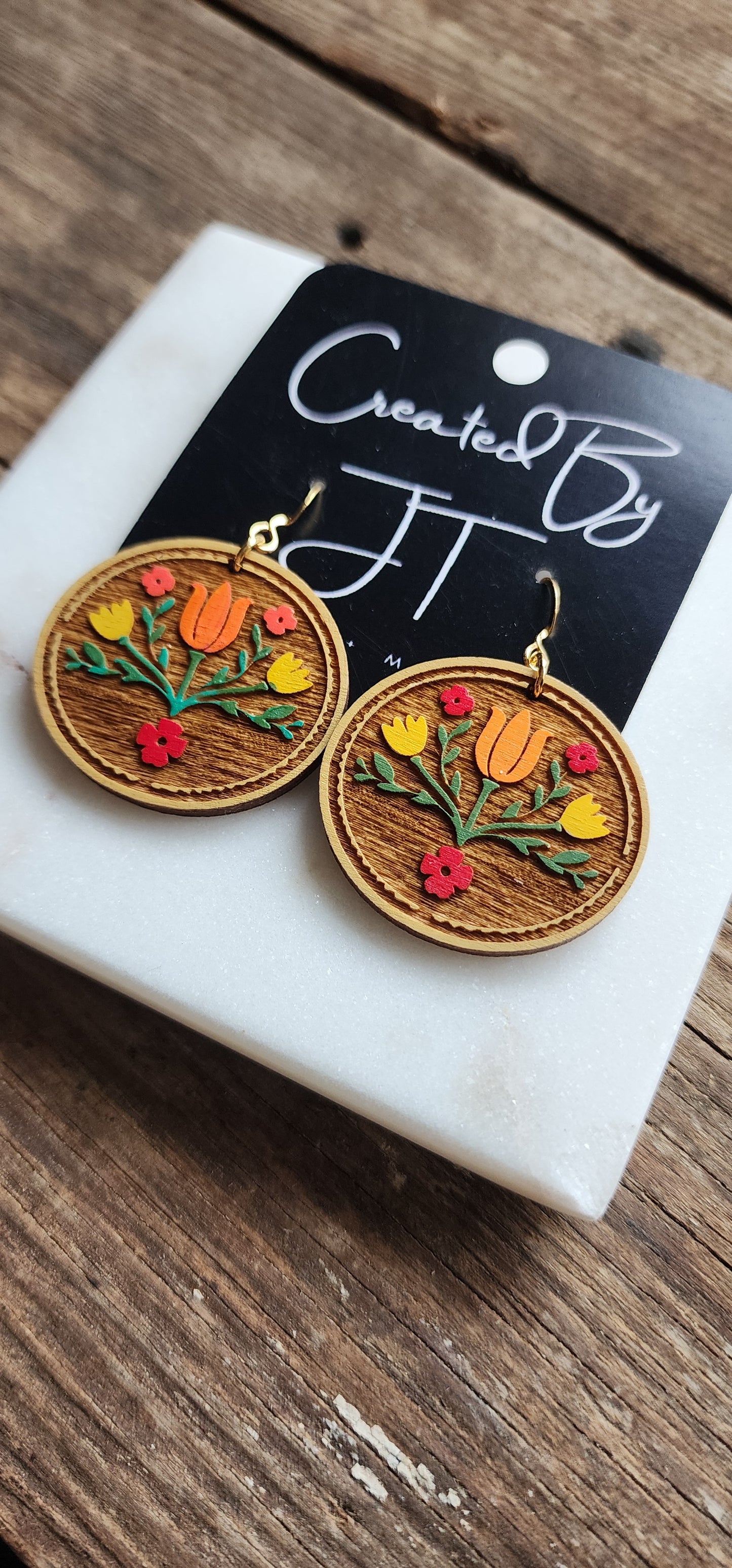 Tulip Folk Art, Wooden Earrings