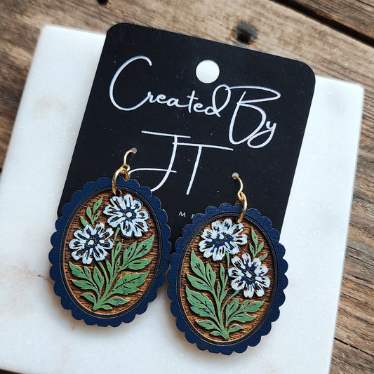 Blue Folk Art Flower Earrings, Wooden Lightweight Earrings