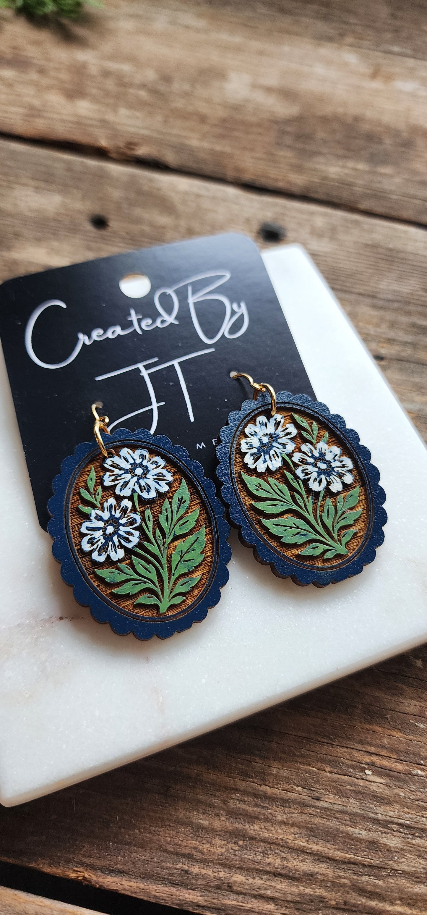 Blue Folk Art Flower Earrings, Wooden Lightweight Earrings