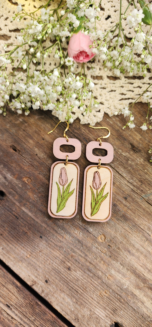 Pink Tulip Drop Earrings, Lightweight Wood Earrings, Spring Jewelry
