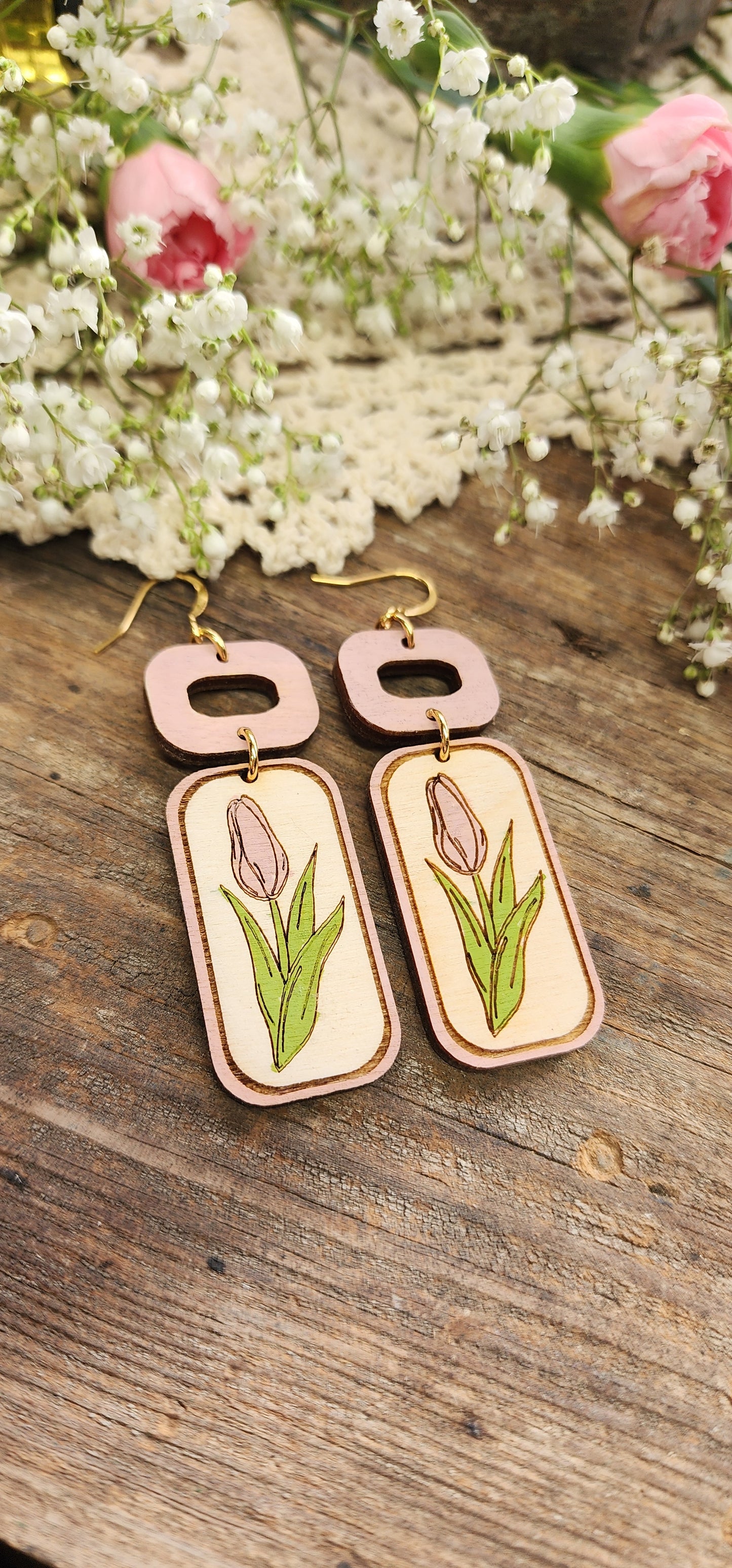Pink Tulip Drop Earrings, Lightweight Wood Earrings, Spring Jewelry