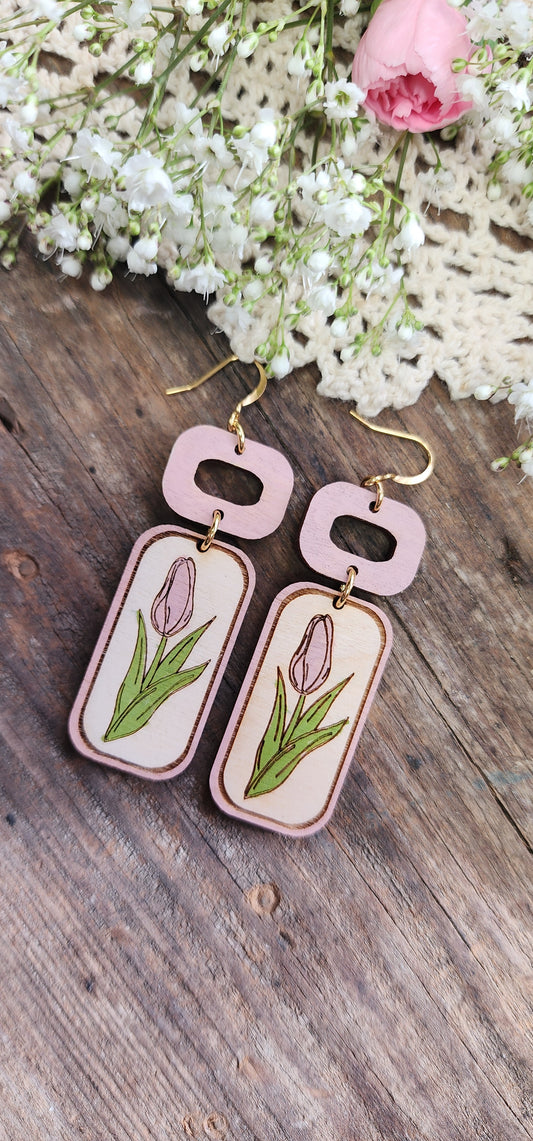 Pink Tulip Drop Earrings, Lightweight Wood Earrings, Spring Jewelry