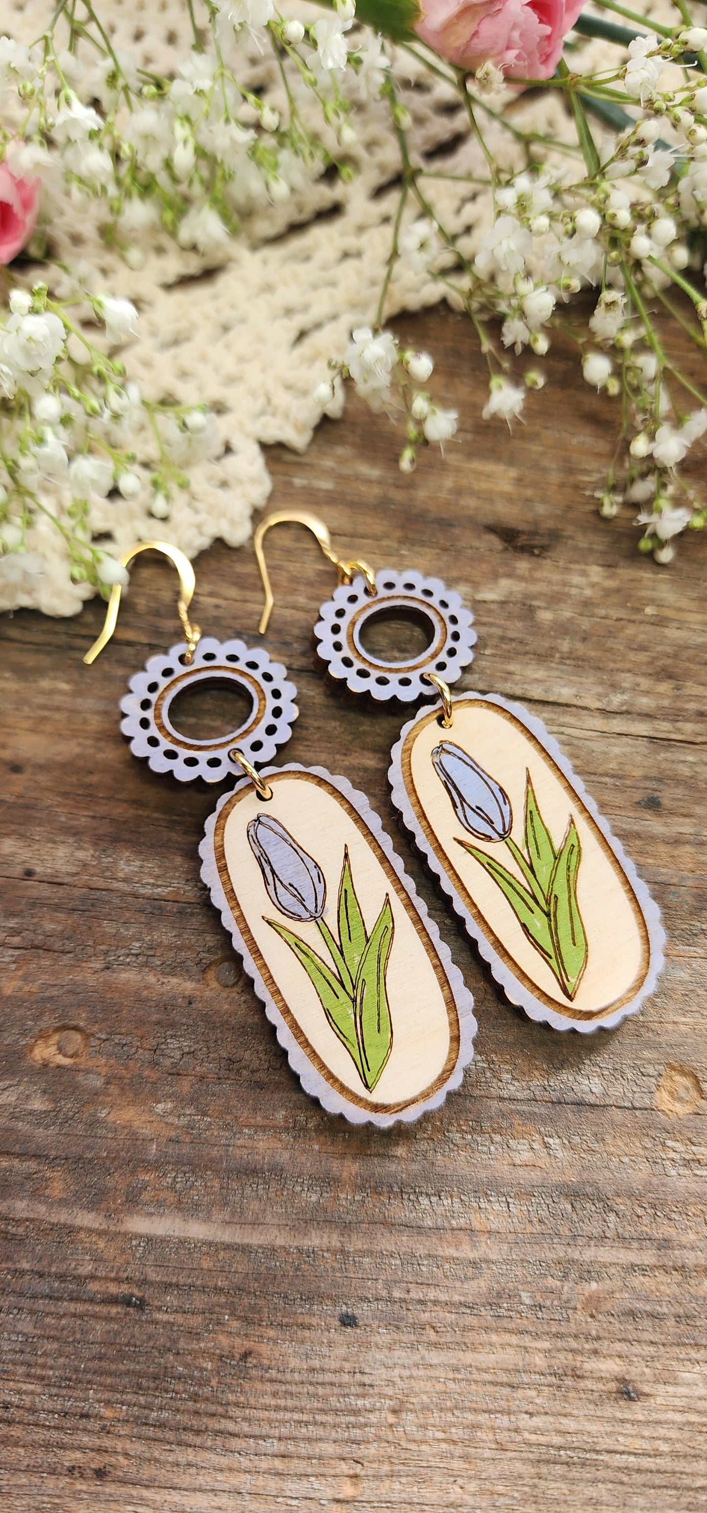 Purple Wood Tulip Earrings