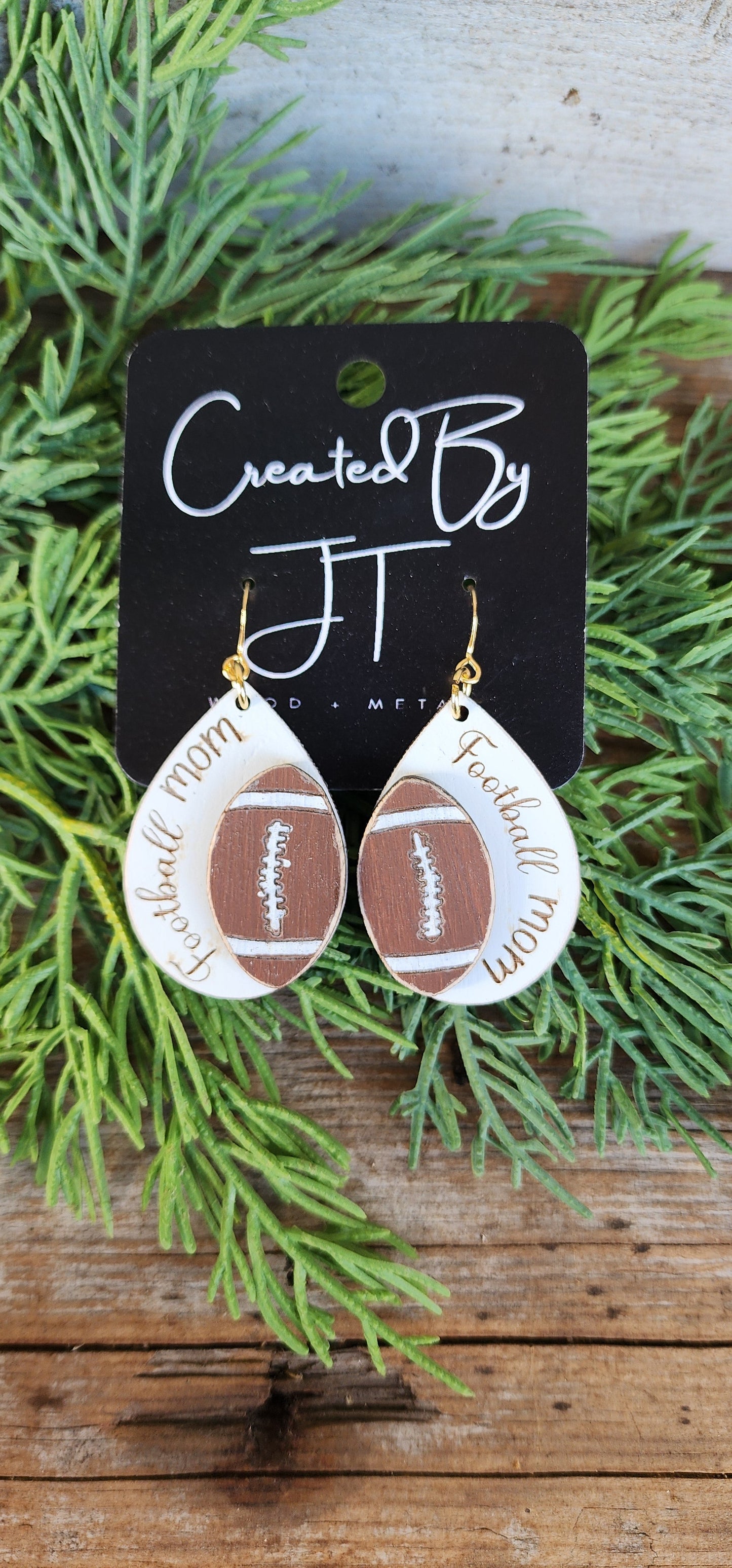 Football Mom Layered Earrings, Wood Football Earrings