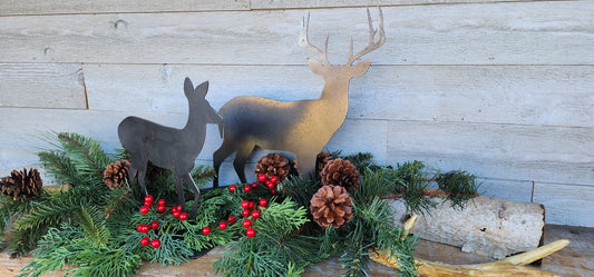 Rustic Steel Deer, Metal Deer Mantel Art, Tabletop Reindeer Art, Winter Deer Decorations, Raw Steel Reindeers, Metal Deer Stands, Metal Art