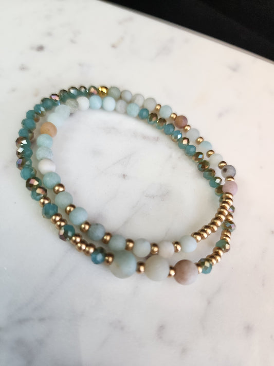 Amazonite Gemstone and Glass Bead Double Wrap Stretch Bracelet