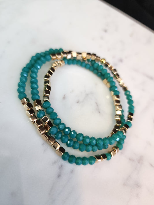 Aqua Faceted Crystal Glass Bead Triple Wrap Stretch Bracelet.