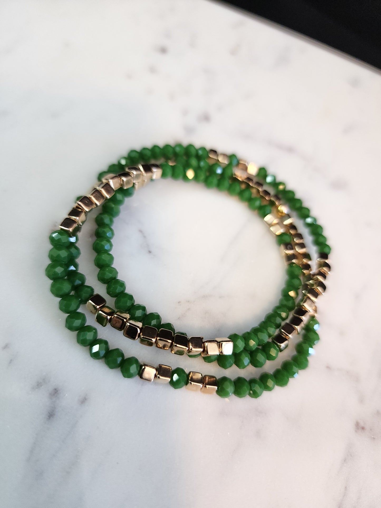 Green Faceted Crystal Glass Bead Triple Wrap Stretch Bracelet.